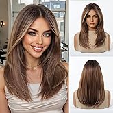 MS.FEEL Black Mixed Brown Wigs For Women Medium Length Layered Straight Wig Middle Part Glueless Synthetic Wigs for Daily Party Use 16 Inch