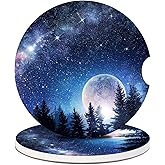 Car Cup Holder Coaster - Fantasy Forest Full Moon 2 Pack for Absorbent Cup Holders,Universal Anti Slip Insert Absorbent Ceramic Car Cup Holder Coaster with A Finger Notch