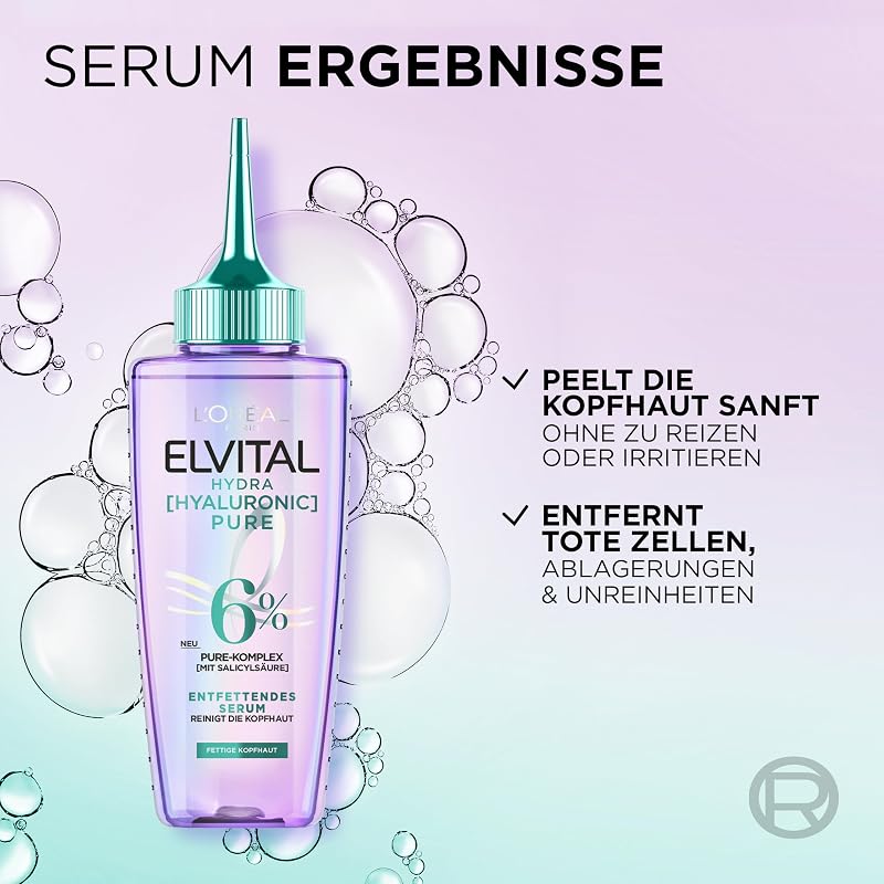 L'Oréal Paris Elvital Hydra Hyaluronic Pure feuchtigkeitsspendendes Serum für glänzendes, lebendiges Haar, mit Salicyl- und Hyaluronsäure für einen Feuchtigkeitsboost, Feuchtigkeit und Pflege, 102ml