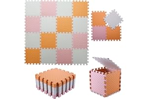 TAMIPLAY Foam Play Mat for Baby, 0.4 Inch Thick Foam Interlocking Floor Mats, Soft Non-Toxic Baby Playmat, Solid Colored Puzzle Play Mat Kids Floor Mats, 16 Tiles, White/Orange/Loli Pink