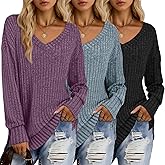 Velvelhall 3 Pack Women's Ribbed Sweaters Shirts Long Sleeve Side Split V Neck Lightweight Sweaters Tops Loose Fit Pullover