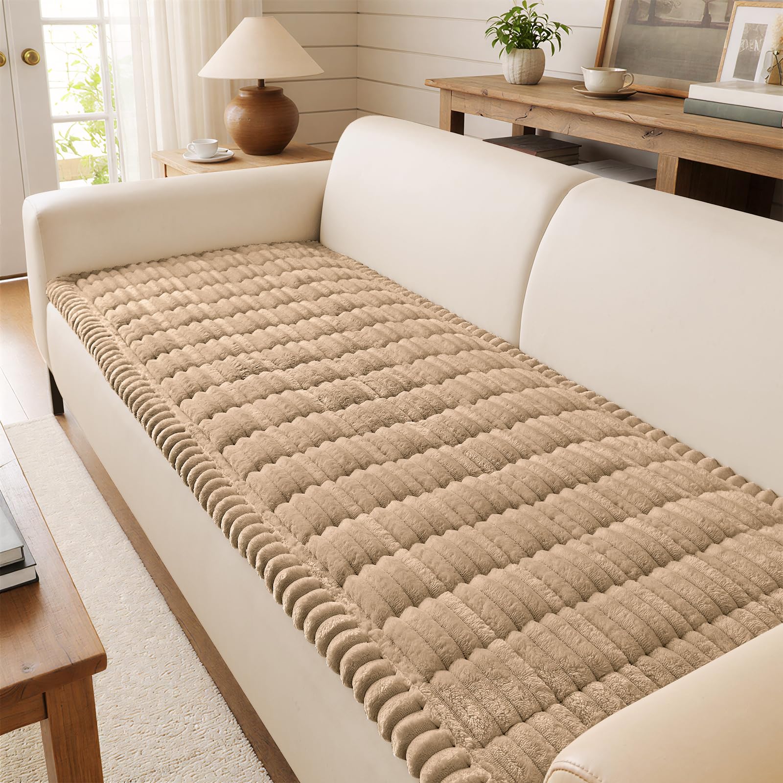 decorUhome Fuzzy Pet Couch Cover for Dogs, Non-Slip Sofa Covers for 3 Cushion Couch, Soft Thick Furniture Couch Protector, Washable Sofa Slipcovers, Khaki, 27.6" x 88"