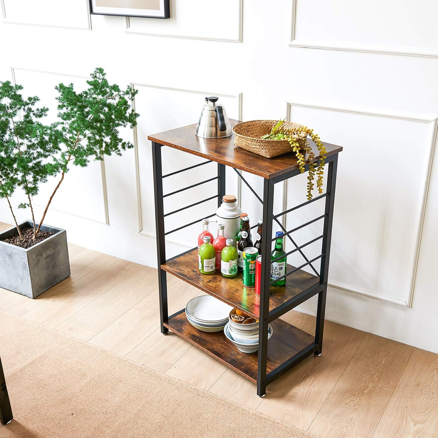 YMYNY Industrial Microwave Oven Stand, 3-Tier Kitchen Baker's Rack with Metal Frame and 6 Hooks, Multifunctional Coffee Bar for Living Room Decoration, Rustic Brown UTMJ022H - Standing Baker's Racks