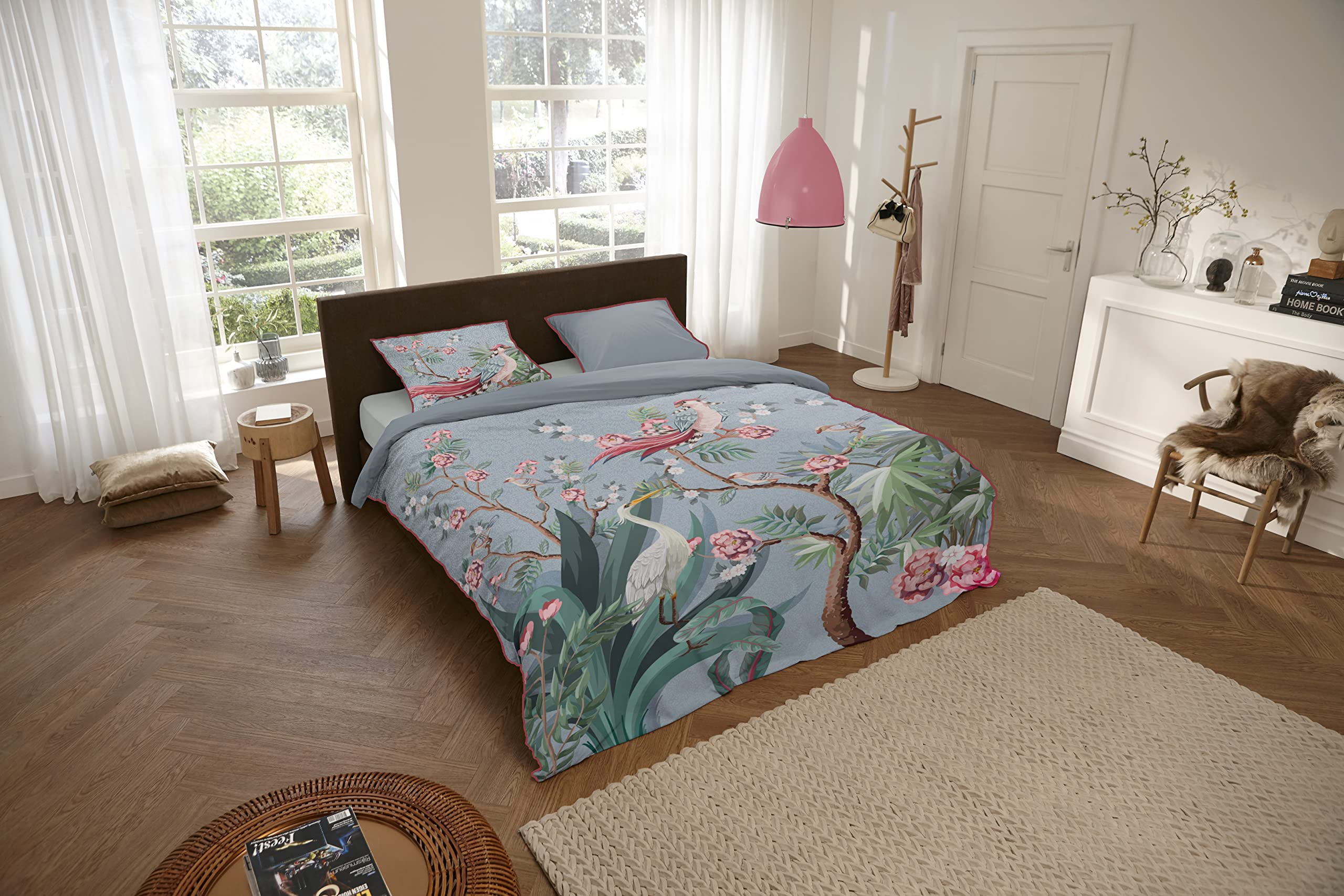 Descanso Sarenza Organic Cotton Satin Bed Linen, Grey, 135 x 200 cm + 1-80 x 80 cm, Pattern: Flowers and Leaves