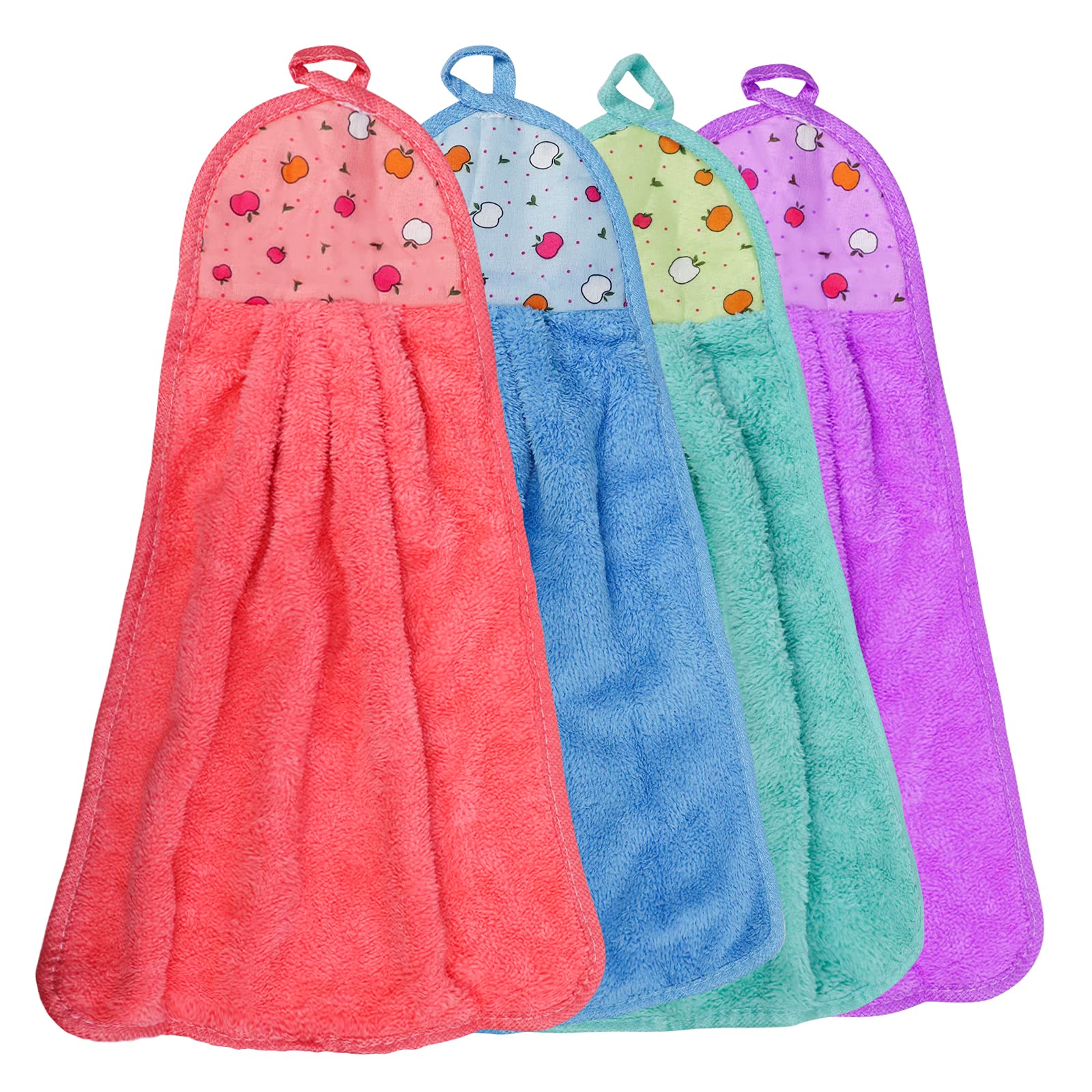4 Pcs Hand Towel for Kitchen Hanging Loop Soft Coral Small Soft Dish Towels Wipe Cloth for Kitchen Bathroom Use
