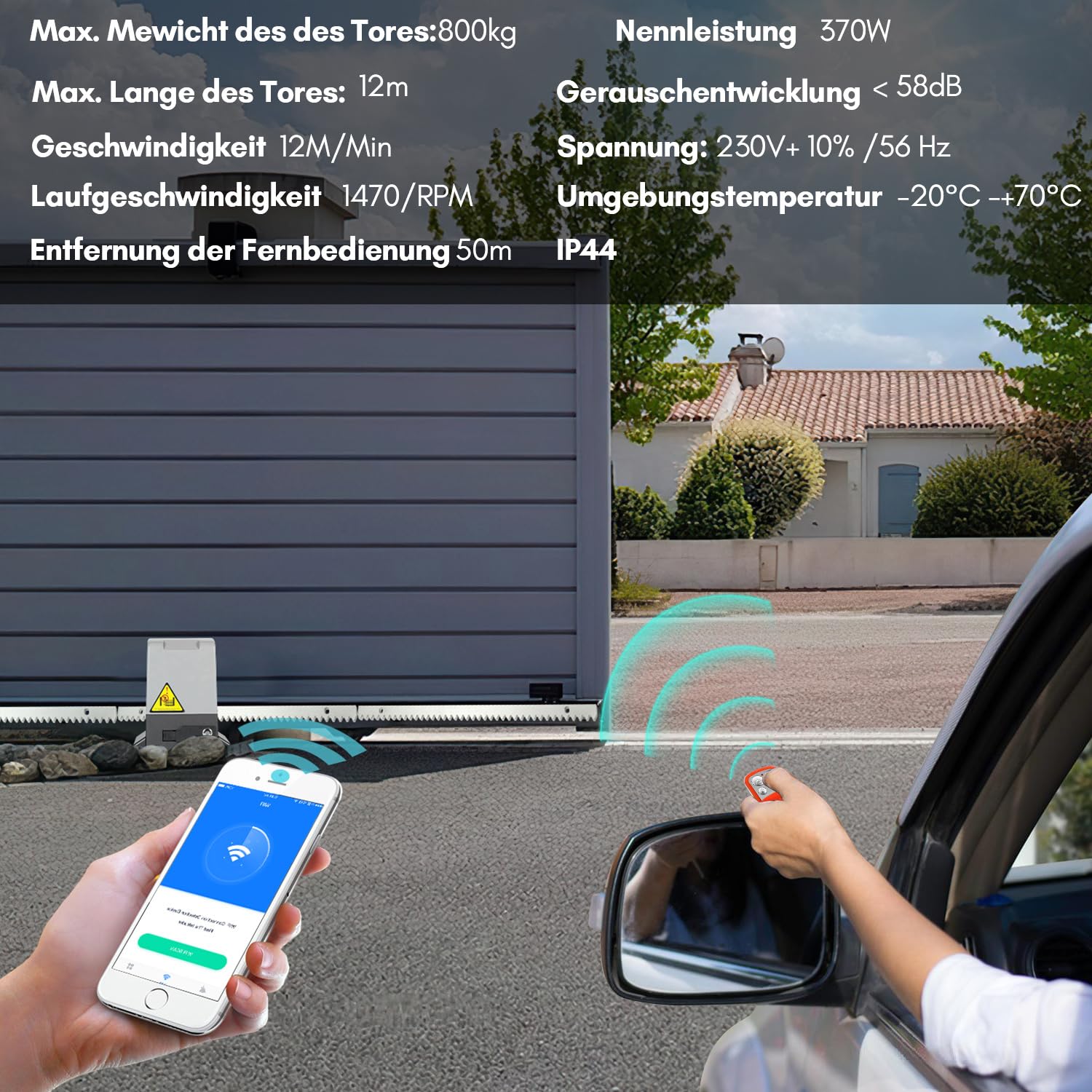 Joparri 800kg 370W Smart WiFi Kit Automazione Cancello Scorrevole, Motore Cancello Scorrevole per Porte Fino a 12 m, con 2 Telecomandi, Cremagliera da 4 m e 2 chiavi