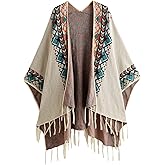 BEAUDRM Women's Graphic Fringe Shawl Tassel Ponchos Cape Boho Oversized Western Cardigan Sweater