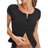 Womens Ribbed Short Sleeve Sweater Cardigan Button Down Shirts Cardigan Blouses for Women Dressy Casual Wear