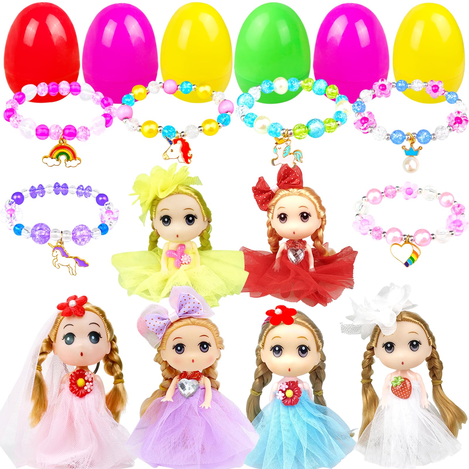 JIABNUKKN Easter Basket Stuffers Eggs Filled 6 Pack Large Eggs with Cute Dolls and Colorful Bracelets Inside, Gifts for Kids Prefilled Easter Egg Stuffers for Toddler Girls Easter Toys