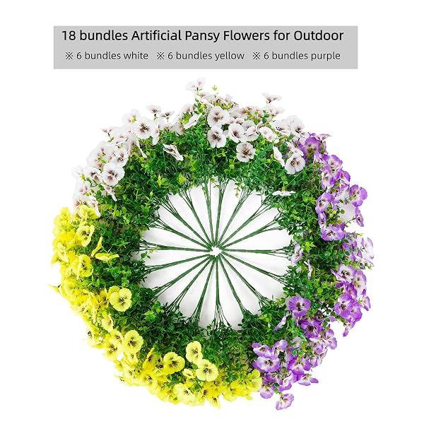 GIAUMA 18 BUNDLES ARTIFICIAL PANSY FLOWERS FOR OUTDOORS UV RESISTANT – REALISTIC SILK FAKE OUTSIDE FLOWERS FAUX PLANTS FOR OUTDOOR PLANTERS, PORCH, PATIO, GARDEN, WINDOW BOX DECORATION(3 COLORS)