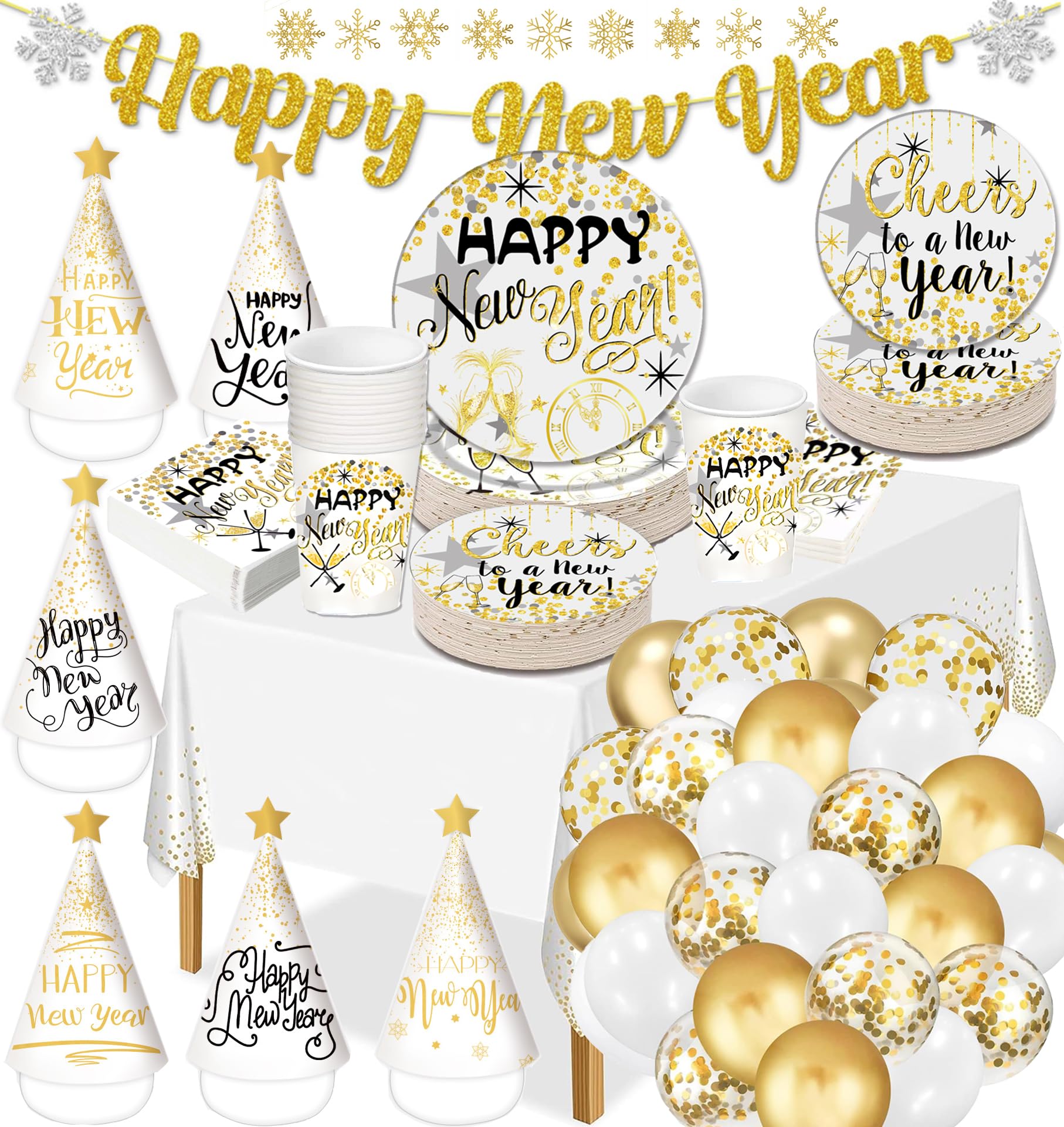 133pcs Happy New Year Tableware Set, White and Gold NYE Paper Party Supplies - Plates, Napkins, Tablecloth,hats, Banner for 24guest New Year's Eve Party Decorations