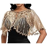 Beckyrebelly Women's 1920s Sequin Shawl Wraps Fringe Capelet Shawls Gatsby Accessories for Harlem Night