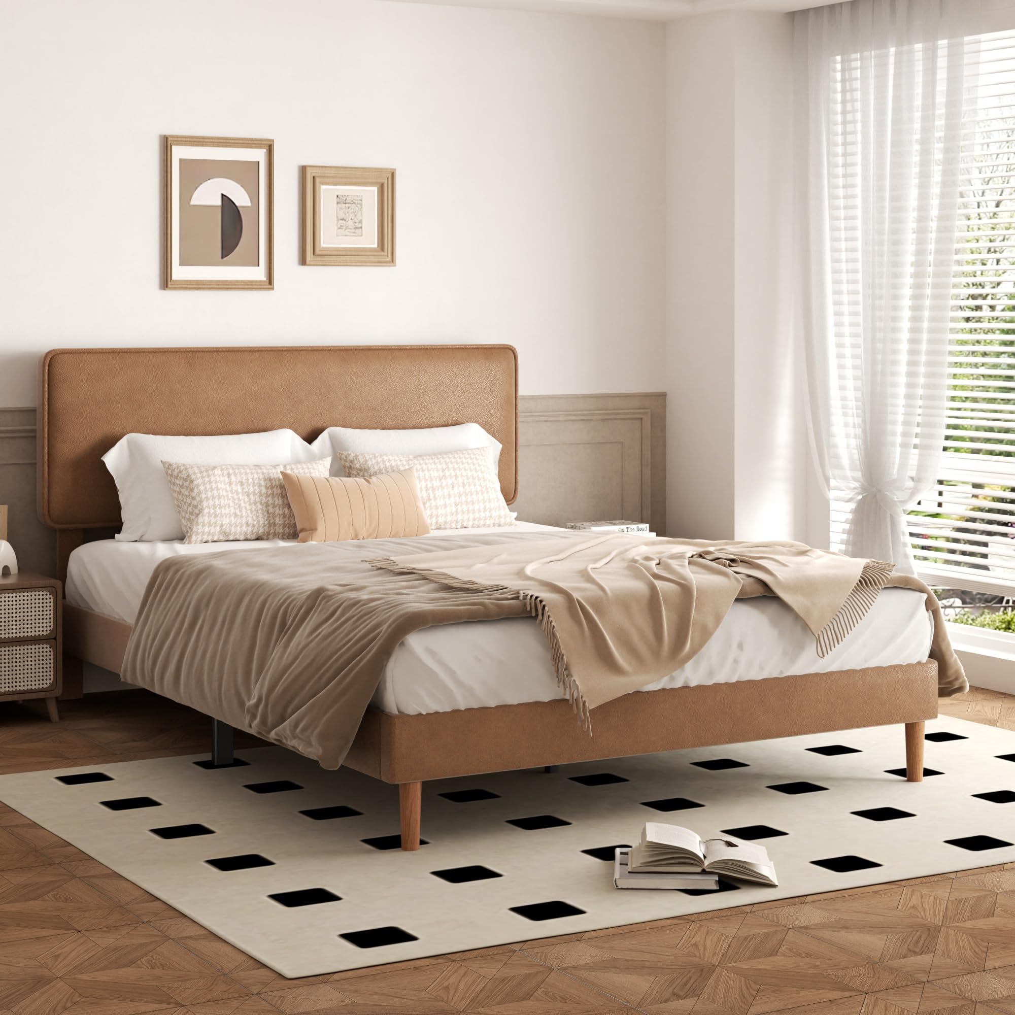 Photo 1 of Sismplly Queen Size Upholstered Bed Frame with Adjustable Headboard, Faux Leather Platform Bed with Wood Slats, Lychee Grain Leather, No Box Spring Needed, Easy Assembly, Noise Free, Brown