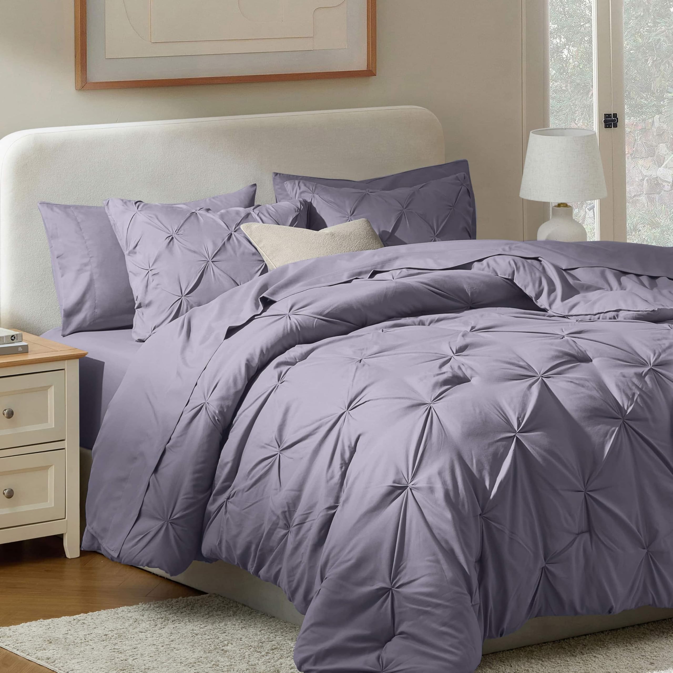 Nestl 7 Piece Comforter Set – Pinch Pleated Bedding Set All Season Full Grayish Purple, Full Size Bed Set with Sheets, Comforter, Pillowcases and Shams