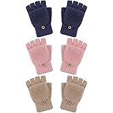 Geyoga 3 Pairs Kids Fingerless Gloves Winter Flip Gloves Warm Convertible Mitten for Girls Teenager Half Fingerless Mittens