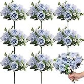 Yunsailing 8 Packs Artificial Peony Flowers Faux Silk Hydrangea Bouquet Vintage Wedding Home Table for Door Decor Reusable Bouquet of Rose Flowers for Valentine Wedding Birthday Party(Blue White)
