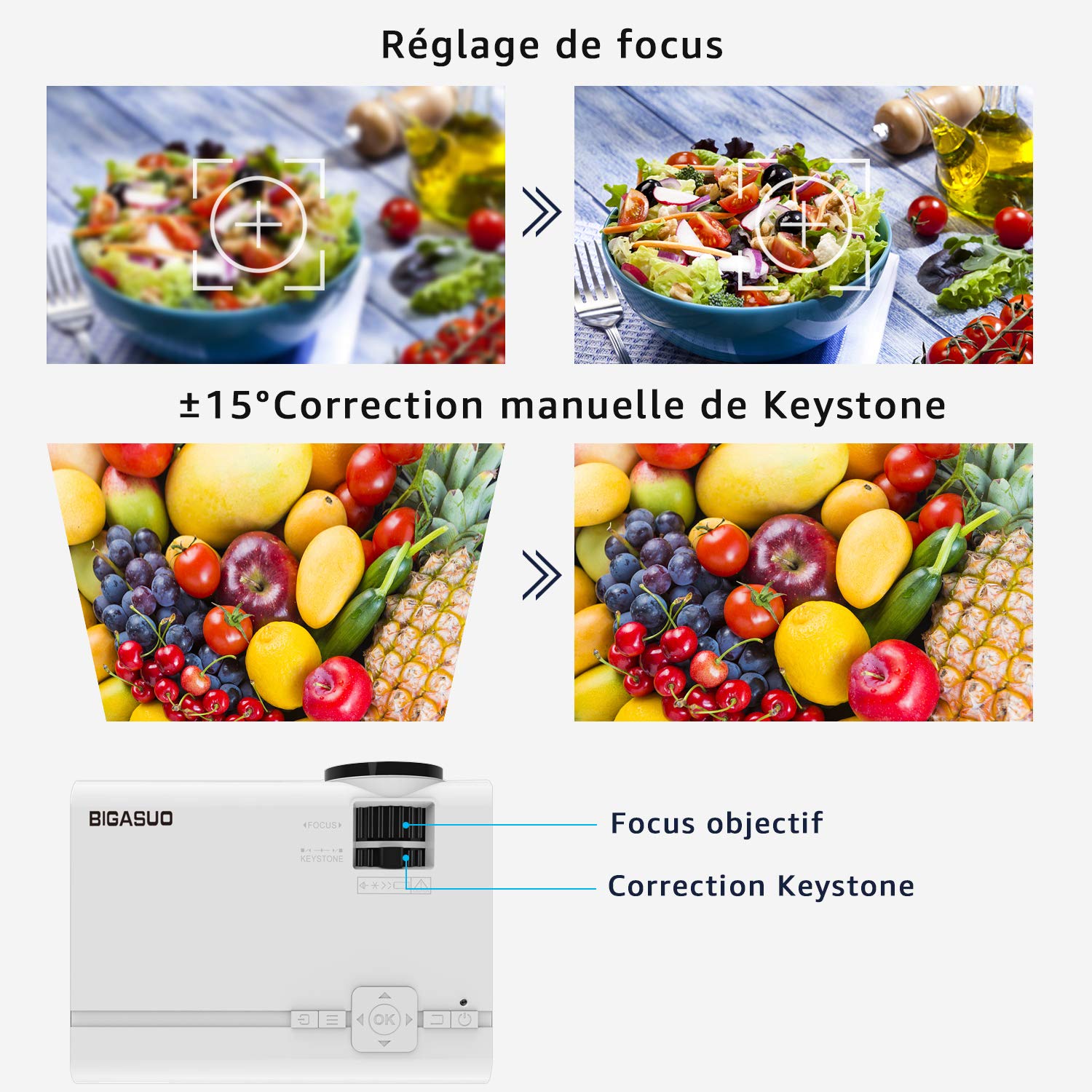 BIGASUO Vidéoprojecteur 2400 Lumens Portable LED Mini Projecteur Bluetooth, Soutien Charge Le Format Plein HD 1080P iPhone Andriod Jeu TV multimédia Home Theater Entertainment