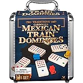 Spin Master Games, Mexican Train Dominoes Set in Aluminum Carry Case, Includes Colorful Trains for Fun-Filled Family Game Nig