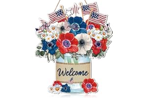 CLOTHMILE Independence Day Welcome Door Sign Patriotic Door Hanger USA Flag 4th of July Wood Hanging Porch Sign for Farmhouse Porch Front Door Memorial Day Wreath Decor