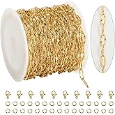 KYUNHOO 5 Meters Gold Plated Chains for Jewelry Making Sunflower Texture Chain Links Gold Stainless Steel Jewelry Chain 8MM Long Lip Chain for Jewelry Craft DIY with Jump Rings Lobster Clasps