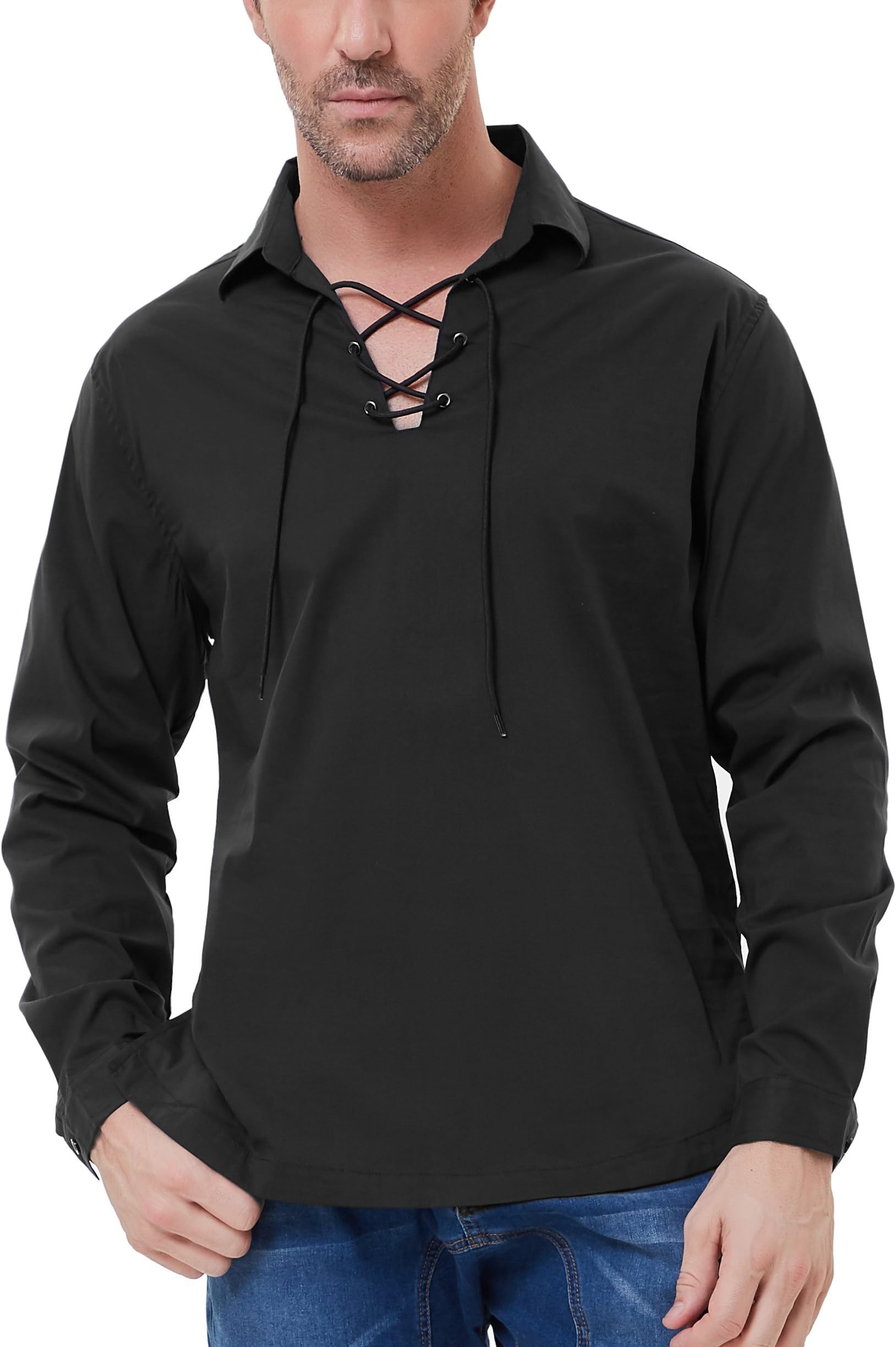 PAUL JONES Men's Cotton Scottish Jacobite Ghillie Kilt Lace-Up Shirt Long Sleeve