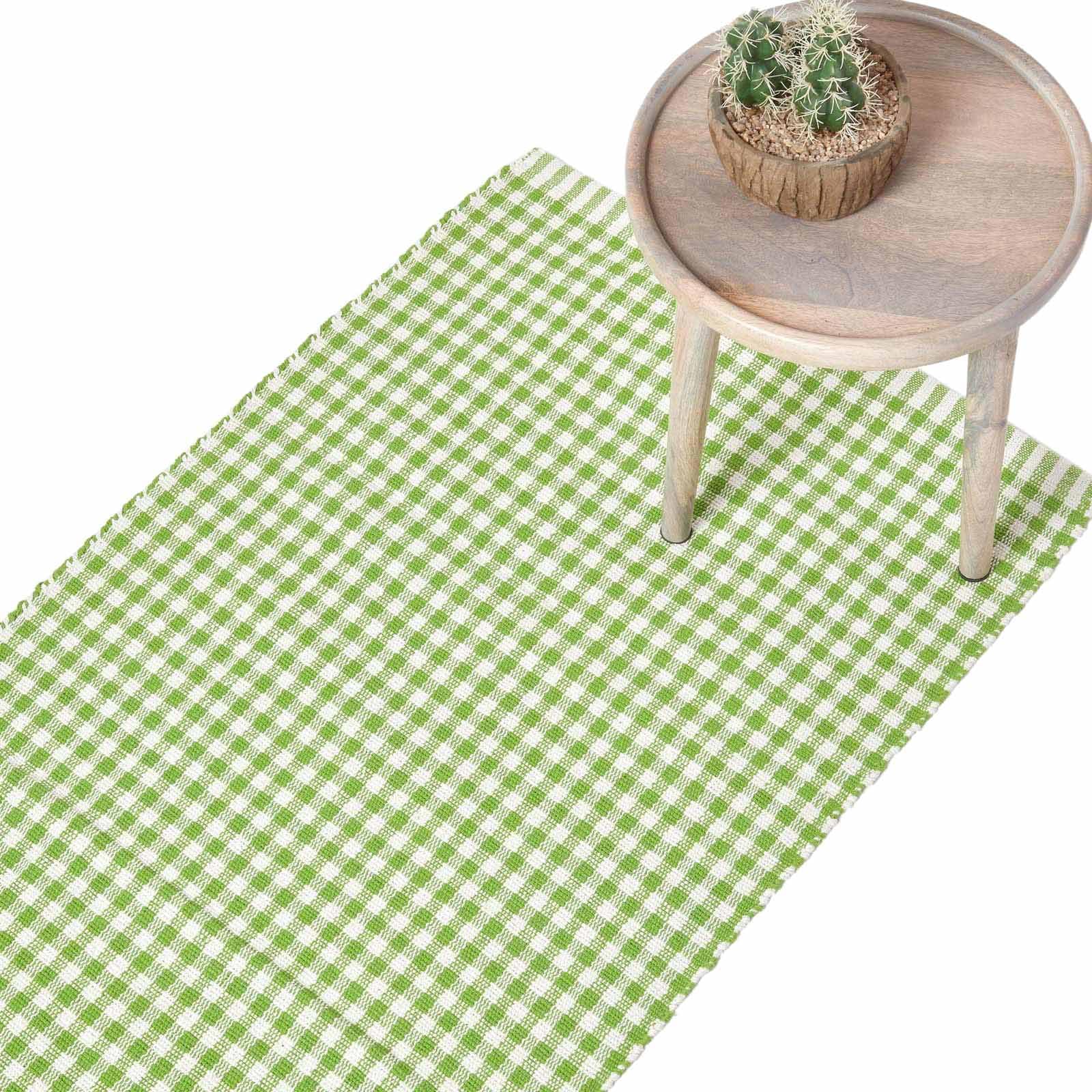 HOMESCAPES 100% Cotton Checkered Gingham Runner Handwoven Lime Green 66 x 200 cm Check Hall Runner for Living Room Bedroom and Hallway