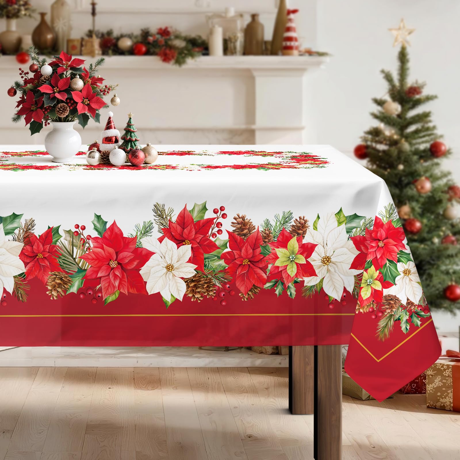 Arquiel Christmas Flowers Tablecloth Waterproof, Red Floral Table Cloth Rectangle Stain Resistant, Washable Table Cover for Home Kitchen Dining Party Decoration (304 x 152 cm)