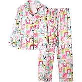 UNICABBIT21 Satin Pajamas for Big Girls Unisex Kids Silk Button Down Long Sleeve & Pants PJS 2PCS Size 8-16