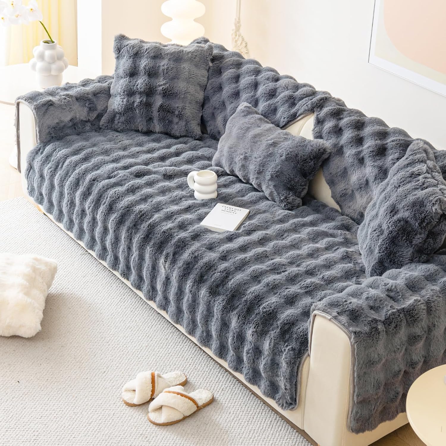 Photo 1 of tianxinbaobei Faux Fur Couch Cover,Rabbit Plush Couch Cover,Non-Slip Couch Cover Furniture Protector (Dark Grey, 36"x82"/4-Seater Sofa Cover)