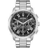 Bulova Men's Classic Wilton 3-Hand Chronograph, Luminous Hands, Roman Numeral Markers Domed Mineral Crystal, 43mm, Stainless Steel/Black Dial