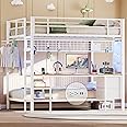 DICTAC Full Over Twin Size Bunk Bed with Desk and Led Lights Metal Loft Bed Frame with Charging Station,Storage Shelves and Drawers for Teen & Adults,Safety Guard & Ladder,No Box Spring Needed,White