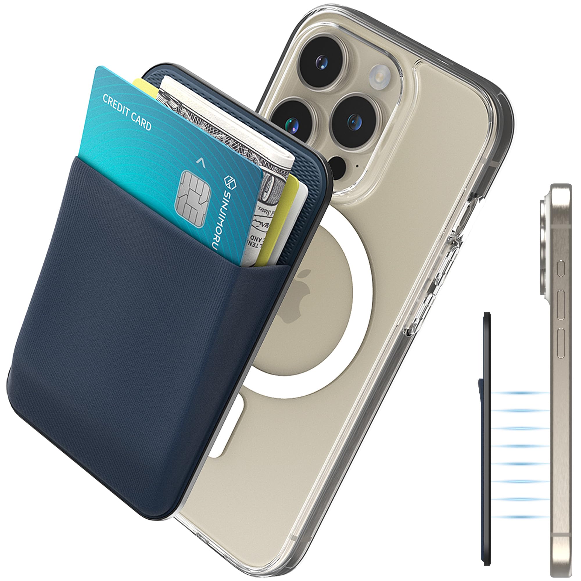 Sinjimoru for MagSafe Wallet, Strong Magnetic Wallet for iPhone 16 15 14 13 12, Stretchy Magnetic Card Holder for IDs, Cash, Keys, etc. M-Basic Navy