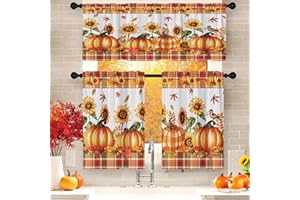 Nesphy Orange Fall Kitchen Curtains Farmhouse Plaid Window Curtains Valance and Tier Set 36 Inch, Pumpkin Sunflower Bird Rod Pocket Short Tier Curtain for Room, Autumn Small Cafe Kitchen Decor