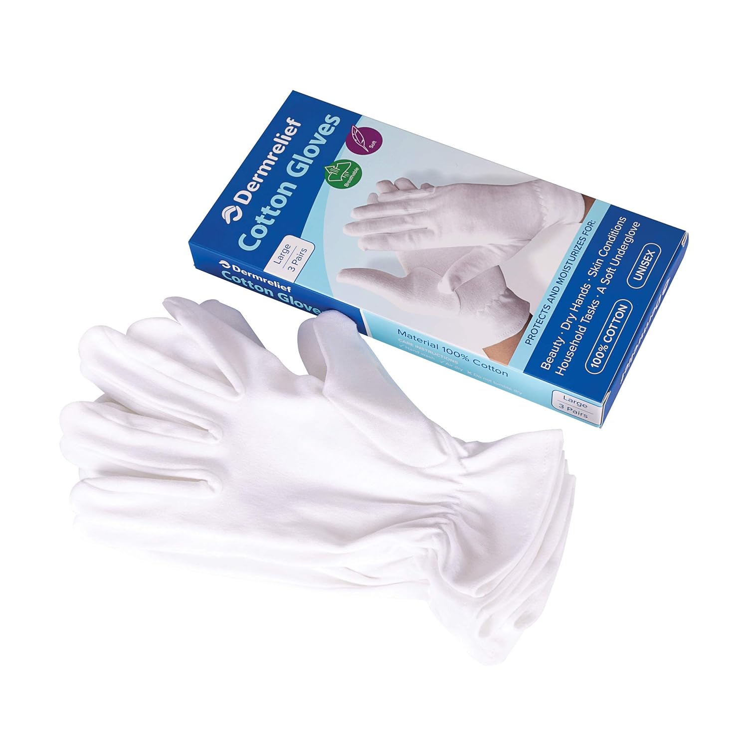 Dermrelief Cotton Gloves - for Beauty, Dry Hands, Eczema, Dermatitis and Psoriasis (Large, 3 Pairs) : Beauty