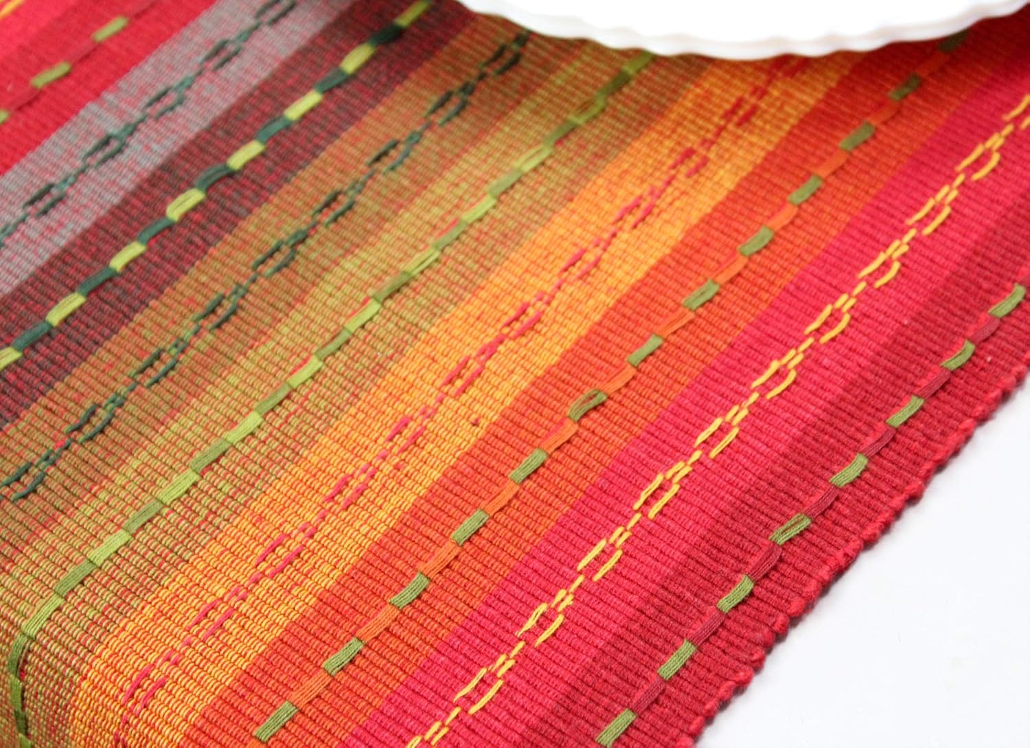 COTTON CRAFT - Salsa Stripe Hand Knotted Fringe Table Runner - 14x72 - Red Multi Cotton Hand Woven by Skilled artisans - Unique Hand Knotted Decorative Fringe: Home & Kitchen