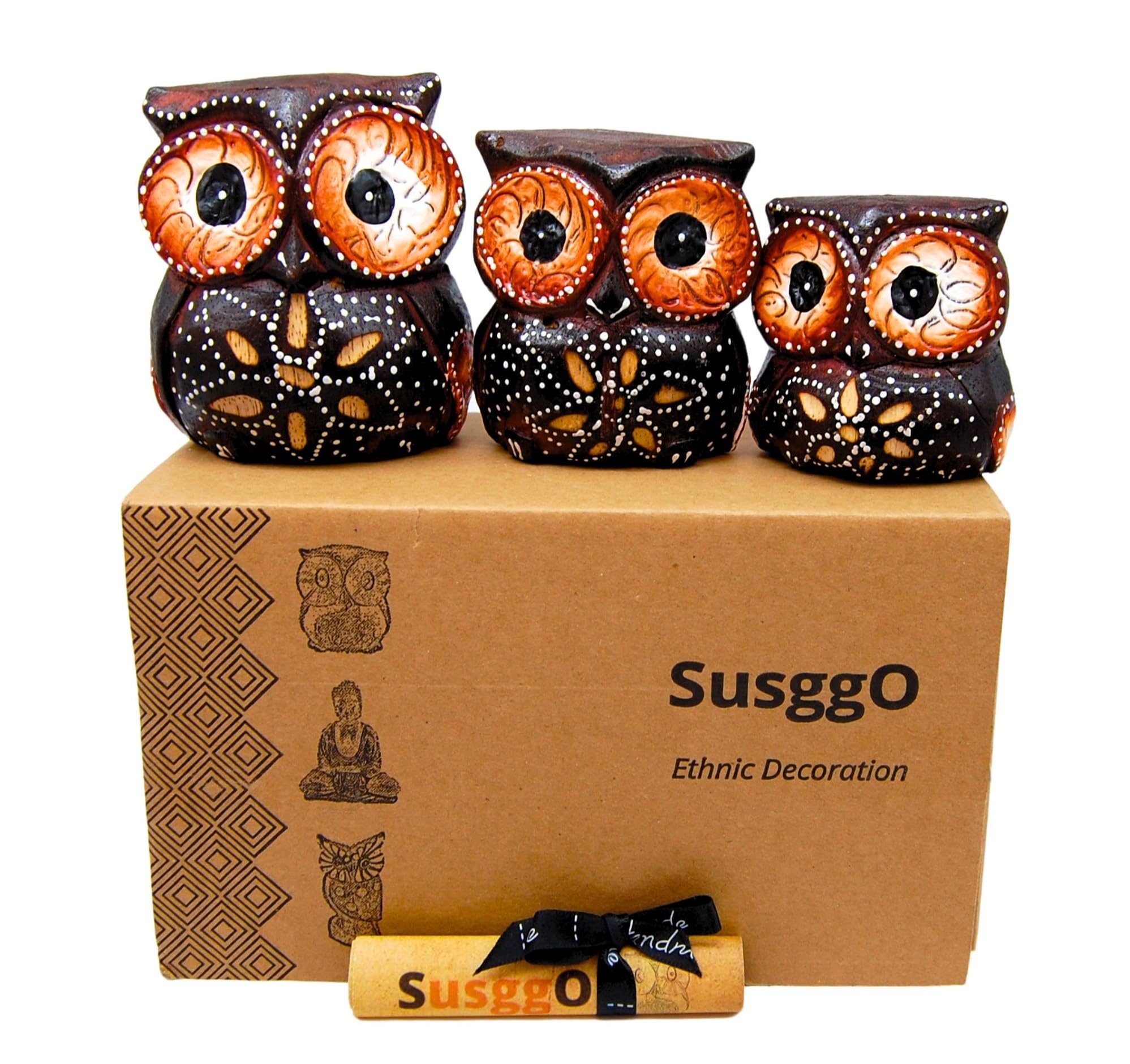 SusggO Set of 3 Wooden Owls, Decoration, Hand-Carved, Lucky Owl, Craft Idea, Furniture Ornament (Chocolate Brown, Flower, MCF)