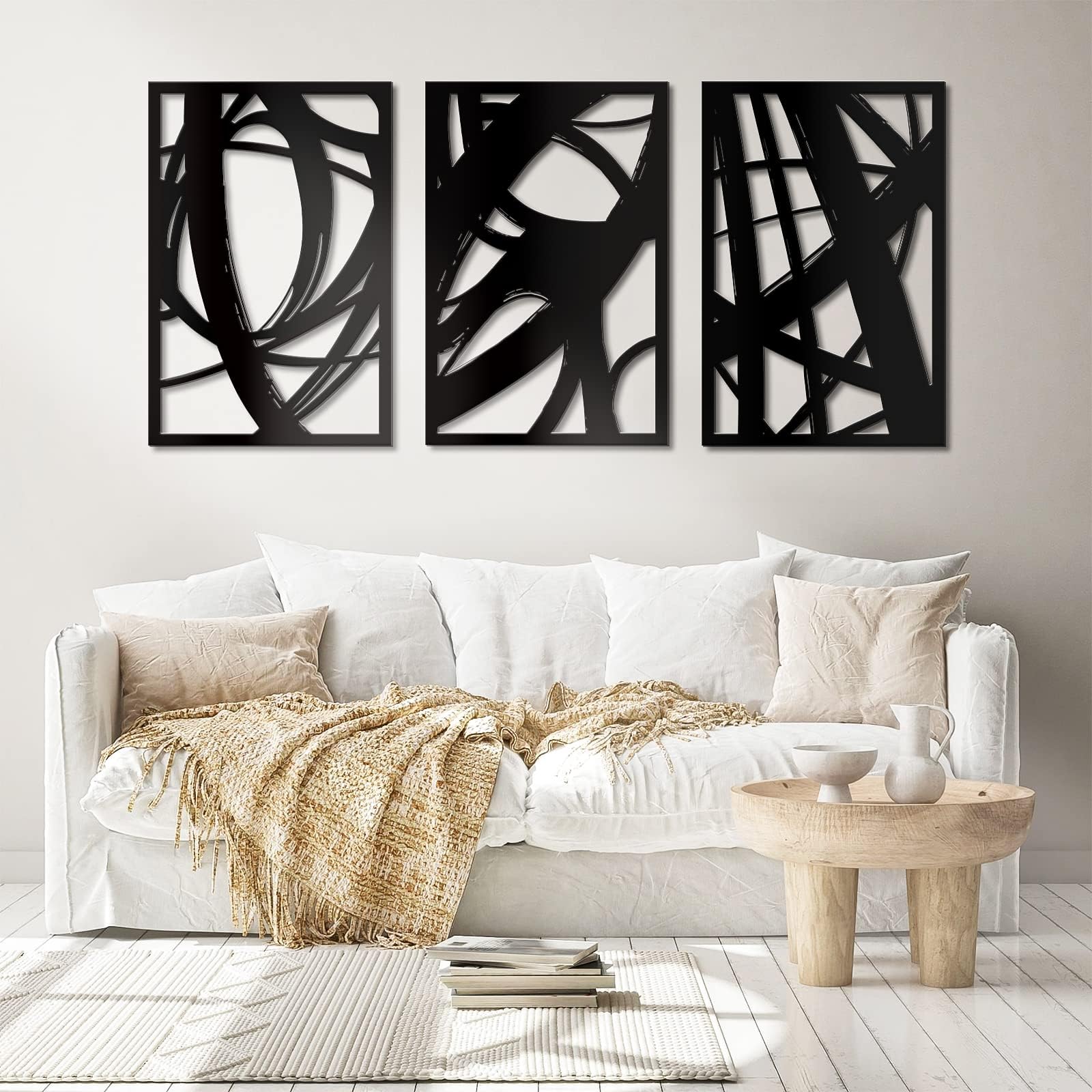 WINUSD 23in Black Large Abstract Metal Wall Art, 3Pcs Minimalist Modern Single Line Art Wall Decor, 3D Textured Hollow Out Design Wall Sculptures, Metal Artwork for Wall Art for Living Room Kitchen