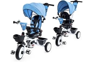JMMD Baby Trike, 6-in-1 Kids Tricycle with Adjustable Push Handle, Removable Canopy, Safety Harness for 18 Months - 5 Year Old, Blue