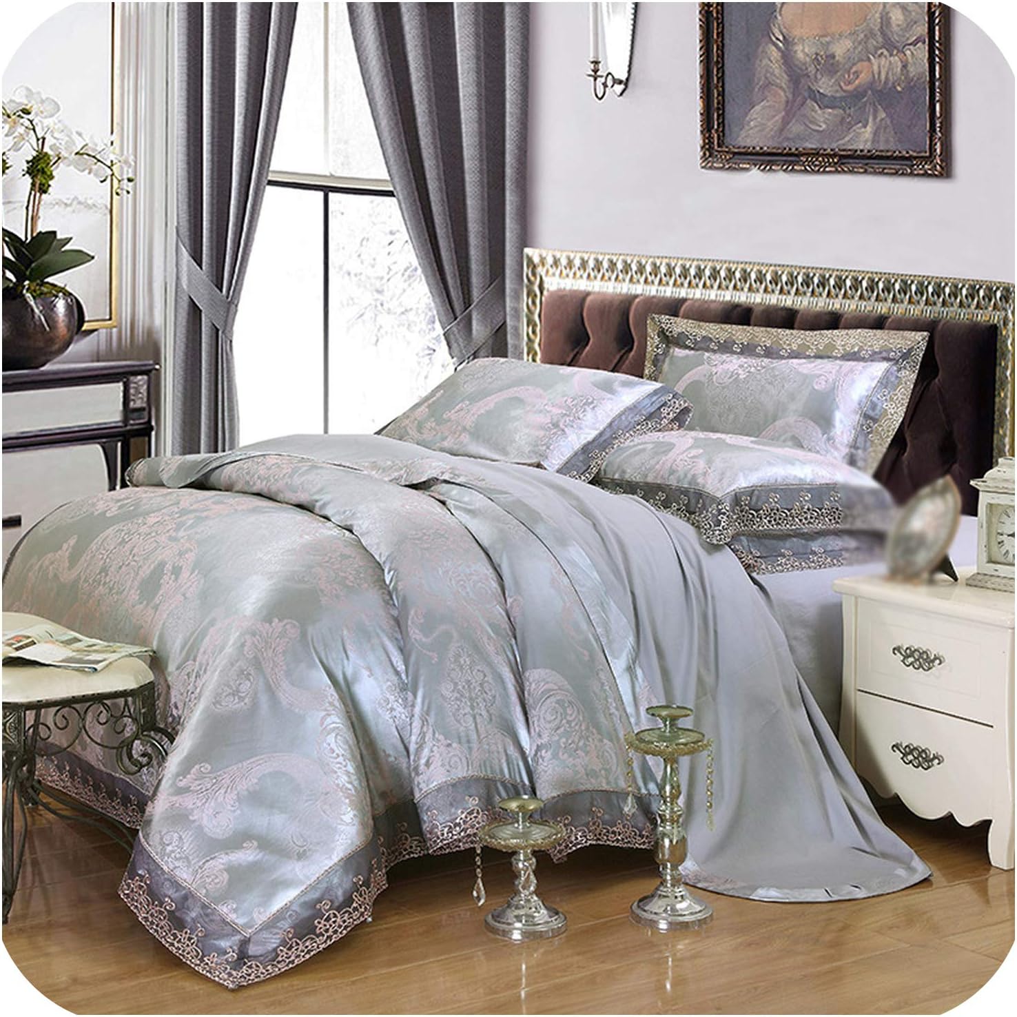 Sliver Golden Luxury Satin Jacquard Bedding Sets Embroidery Super King Size Coverlet Sets Bedspread Pillowcases Wedding Decor,10,King