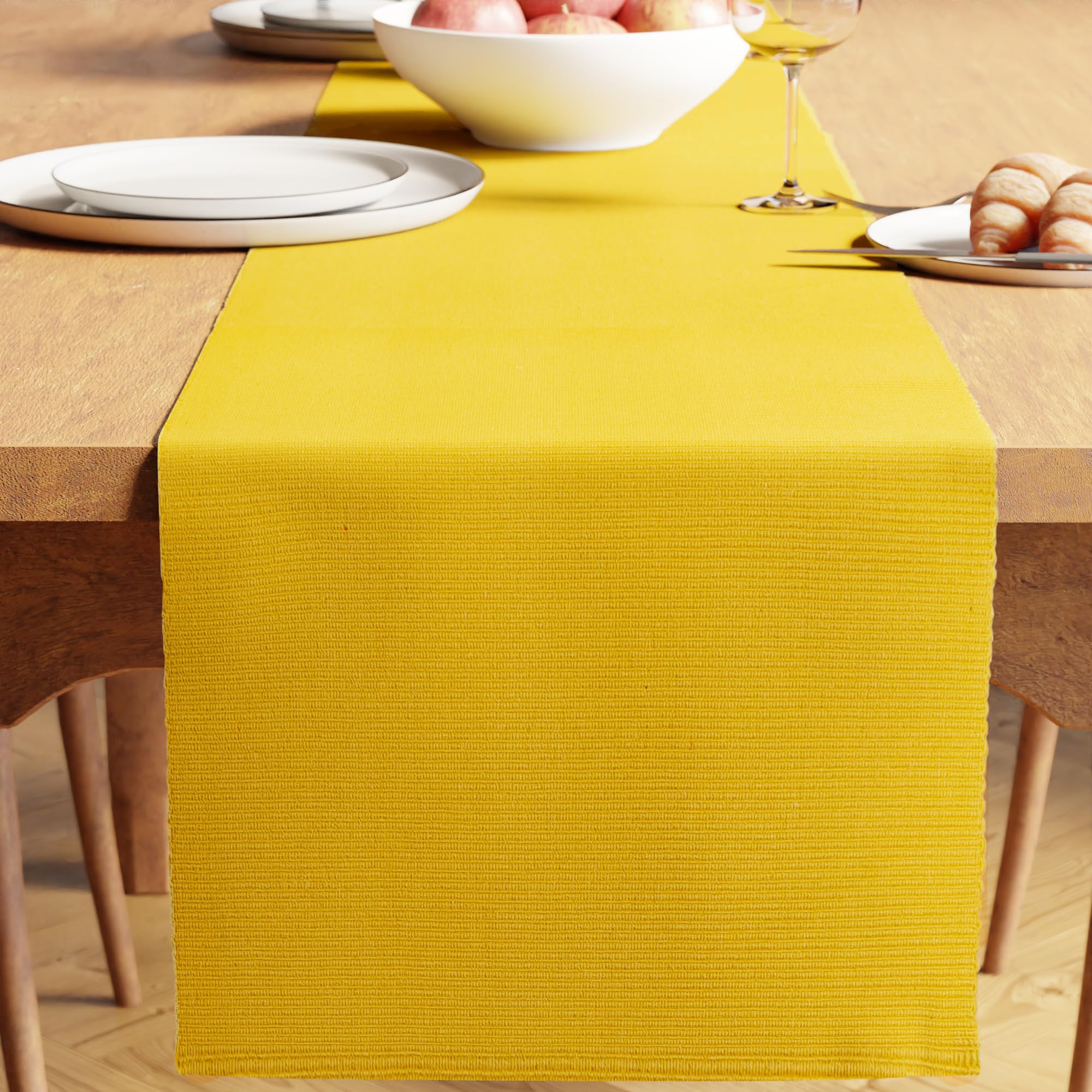 Encasa XO Dining Table Runner 32x183 cm | Yarn Dyed Fine Ribbed Cotton | Yellow | Machine Washable — image 1