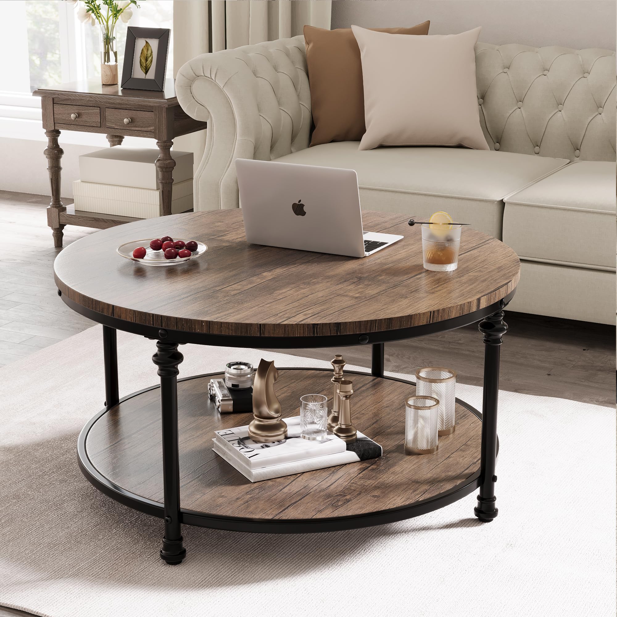 Photo 1 of 34.25in Round Wood Coffee Table,2-Tier Small Coffee Table with Storage Shelf Modern Design Home Furniture for Living Room, Apartment?Light Walnut