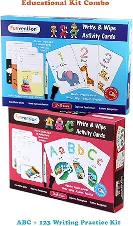 Funvention Educational Game Numbers & Alphabets (Combo of 2) Write and Wipe Activity Writing & Counting Practice Cards Learning Games, Educational Toys for Children 3-6 Years
