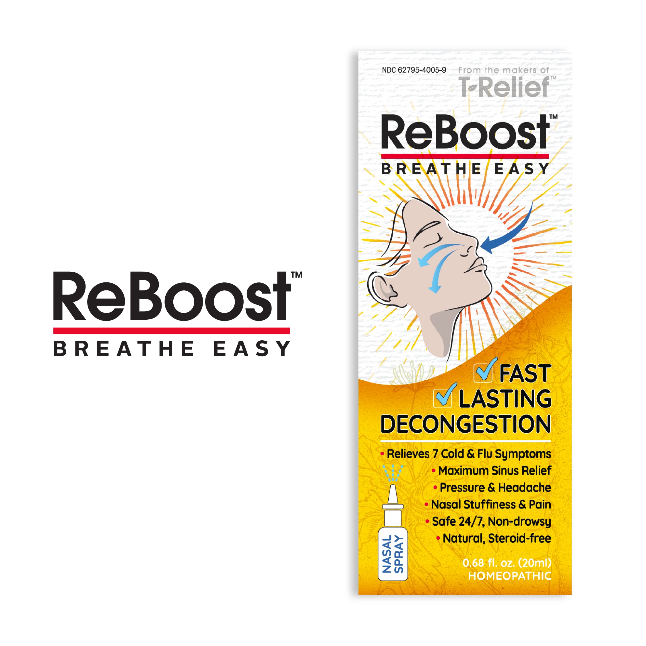 ReBoost Breathe Easy Decongestion Nasal Spray Fast-Acting Cold & Flu Symptom Relief Natural Homeopathic Ingredients Help Calm Congestion, Headache & Sinus Pressure - 0.68 oz