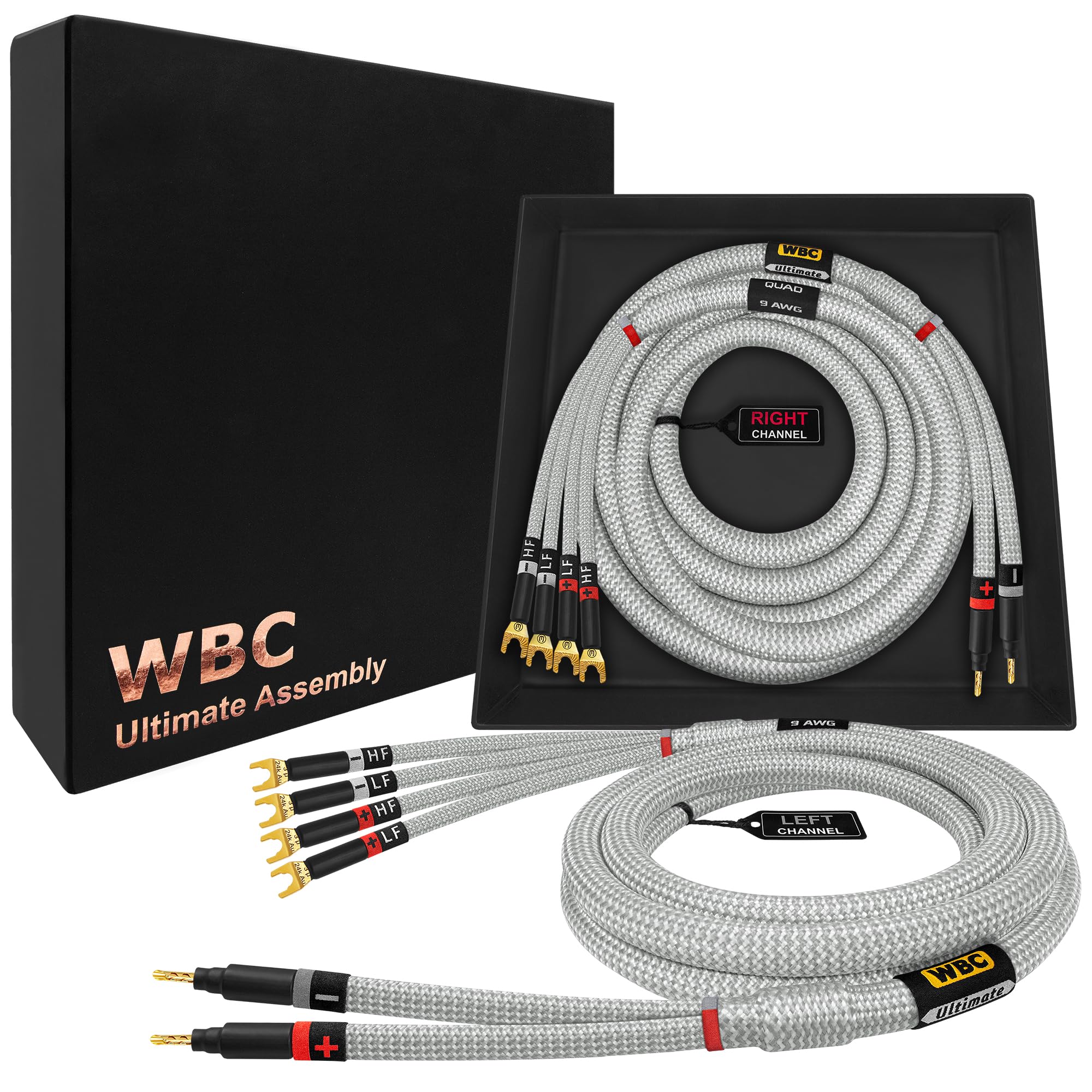 WORLDS BEST CABLES 3.5 Meter ULTIMATE - 9 AWG - Ultra-Pure OFC - Premium Audiophile HiFi Bi-Wire Speaker Cable Pair with Eminence Gold Banana (x2) & Spade (x4) Plugs & Silver Tweed Jacket