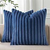 Pallene Faux Fur Plush Throw Pillow Covers 18x18 Set of 2, Luxury Soft Fluffy Striped Decorative Pillow Covers for Sofa, Couch, Living Room, Navy Blue