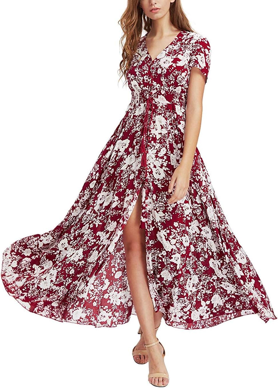 Maxi Boho Dresses for Women Button Up Split Flowy Summer Party Dress