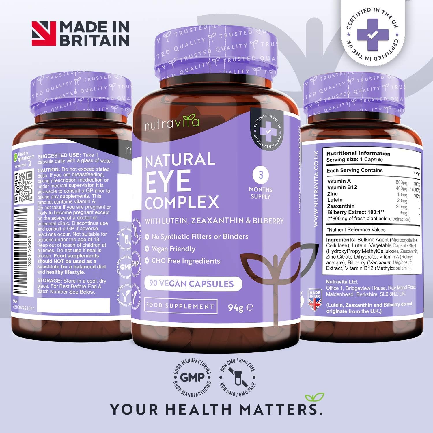 Nutravita Lutein Natural Eye Supplement, 90 Vegan Capsules, Zeaxanthin, Bilberry Extract, Vitamins A, B12 & Zinc - Image 4