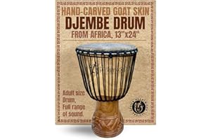 Africa Heartwood Project Hand-Carved Djembe Drum from Africa - 13"x24" Classic Ghana Djembe (Adi-Daas Carving) - Solid Wood Shell & Natural Goat Skin - Ready to Play Out of the Box Musical Instrument