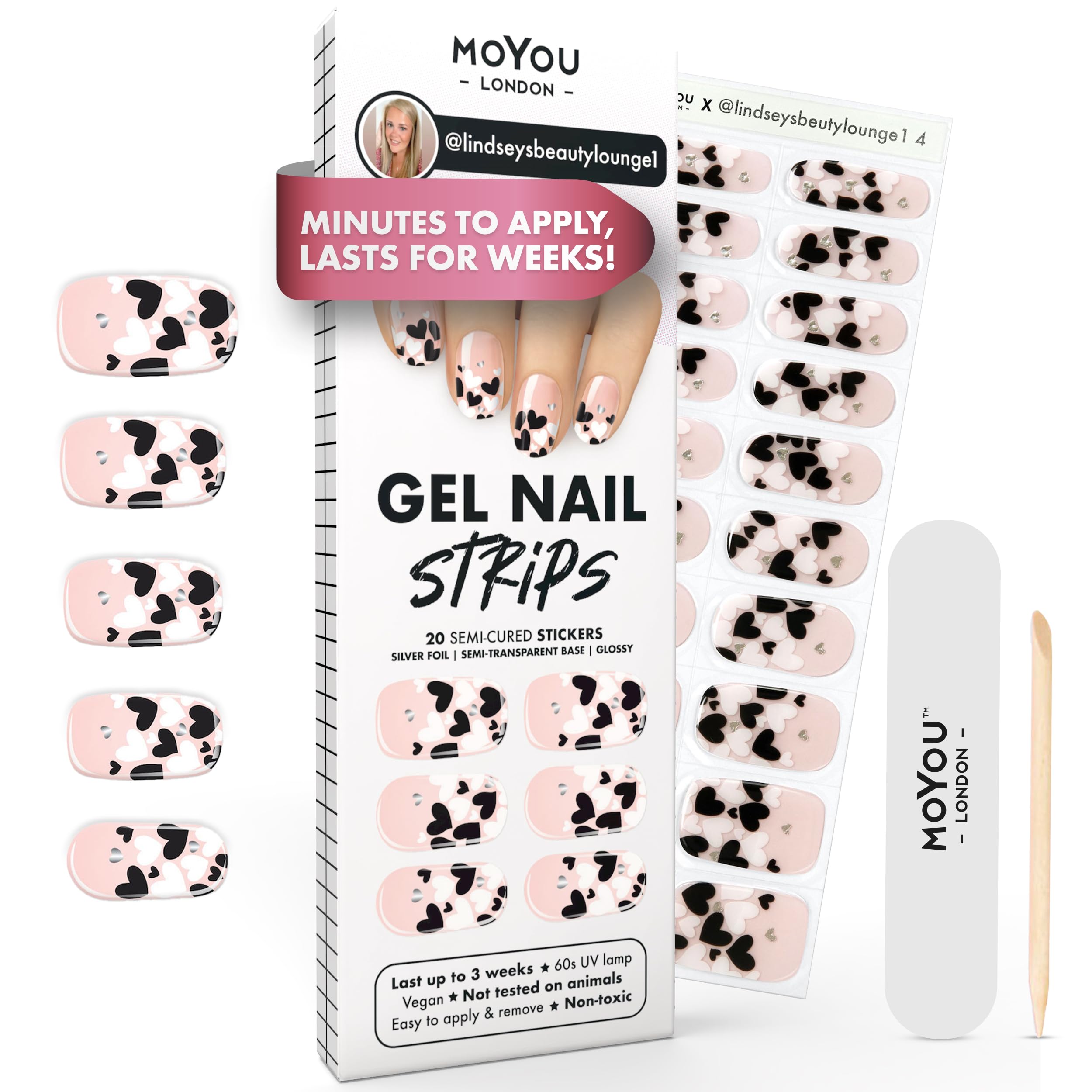 MOYOU LONDON Semi Cured Gel Nail Strips - 20 Pcs. Waterproof Gel Nail Wraps, Cures in Sunlight or UV/LED Lamp, Lasts Up to 2+ Weeks, Stretchable, Easy to Apply & Remove, Vegan & Cruelty-Free