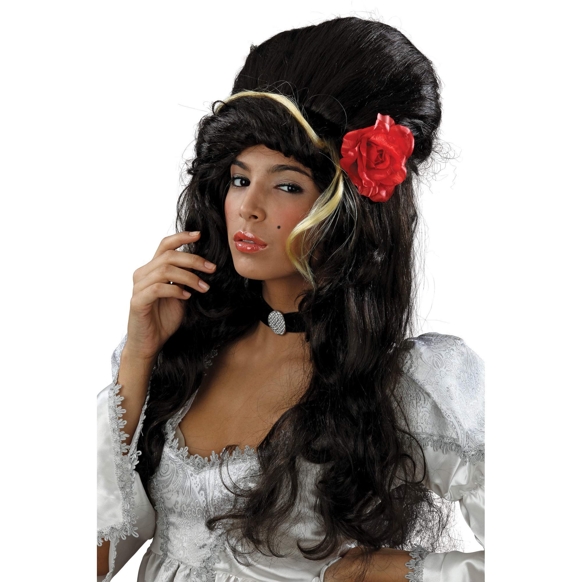 Realistic Black Beehive Wig with Rose for Women (Pack of 1) - Perfect Accessory for Costume Parties, Performances, Photoshoots, Cosplay, & More Halloween